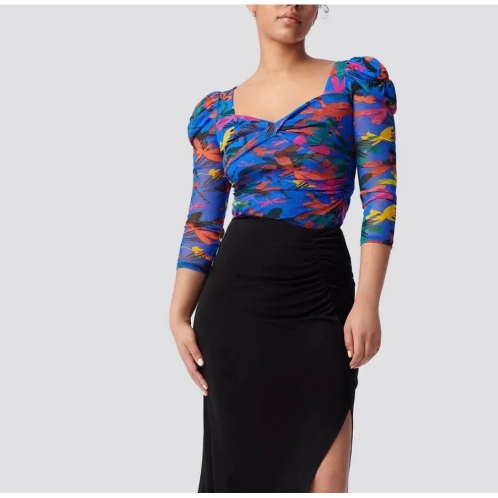 Diane von Furstenberg DVF Dragonfly Mesh Bodysuitโ Blue Sweetheart 3/4 Sleeve M